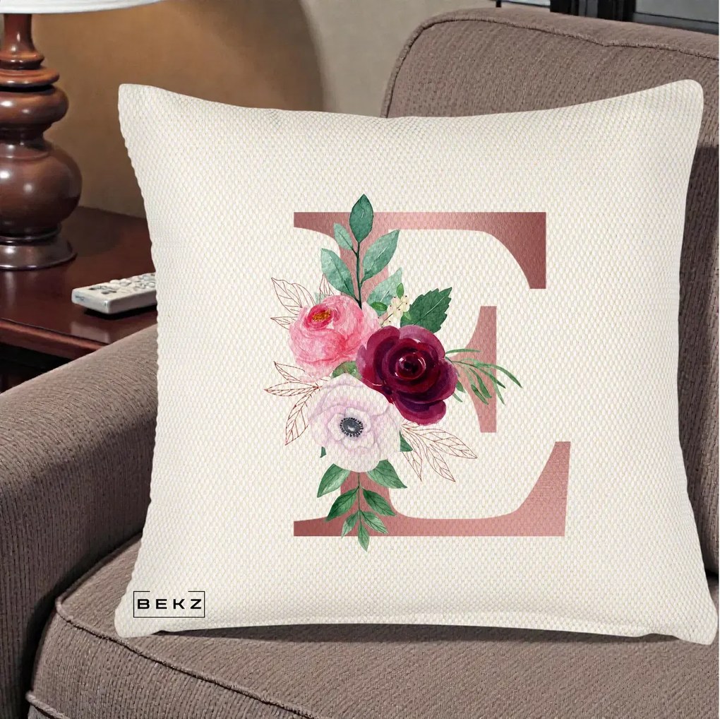 Cadou Personalizat - Perna Personalizata Monograma Rose Gold Litera E, 40x40 cm, Crem Reliefat, Husa Detasabila, Perna Inclusa, BEKZ®
