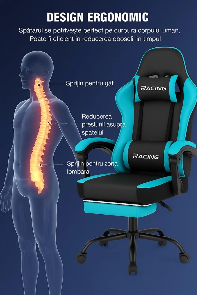 Scaun gaming, Masaj în perna lombară, Suport picioare, Rabatabil 90-165°, piele PU, Negru/Albastru