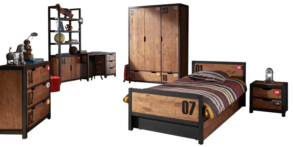 Set Mobilier Cameră Copii ALEX, 7 Piese, Pat 90x200 cm, Pin Masiv cu Detalii Metalice Negre – Vipack