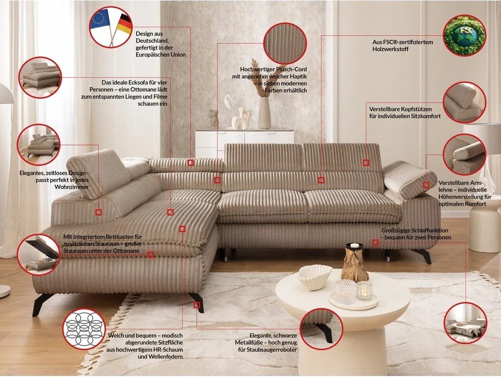 Colțar maro cu tapițerie din catifea reiată (cu colț pe partea stângă/în formă de ”L”) Marbeya – Ropez