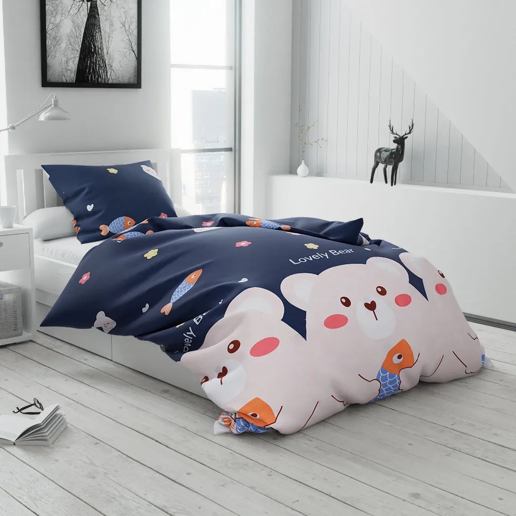 Lenjerie de pat pentru copii Culoare albastru inchis, LOVELY BEAR