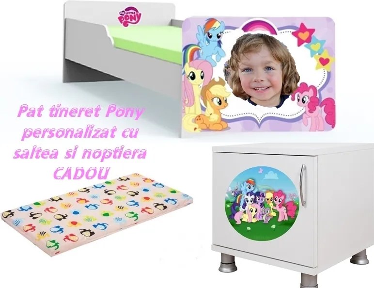 Pat tineret Pony personalizat cu saltea si noptiera Cadou