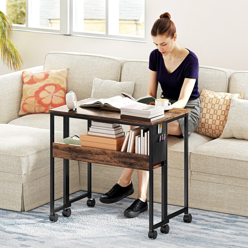 HOMCOM Birou Pliabil de 80 cm cu Raft de Depozitare și Blat Pliabil pe Roți - Maro Rustic | Aosom Romania
