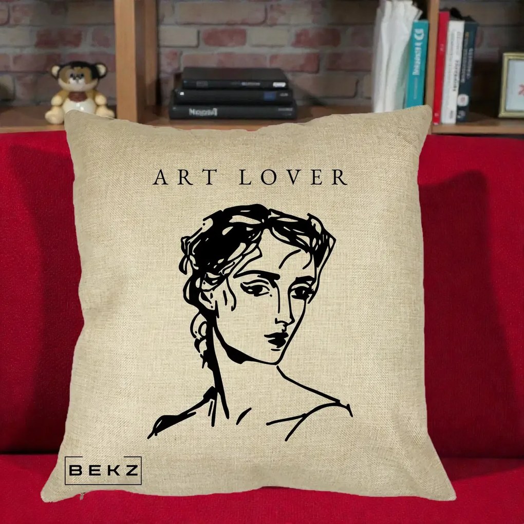 Perna Decorativa Art Lover Portret Grafic, 40x40 cm, Crem, Husa Detasabila, Perna Inclusa, BEKZ®