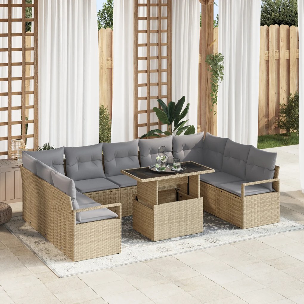 vidaXL Set de canapea de grădină cu 10 piese, perne incluse, din ratan și poliester bej