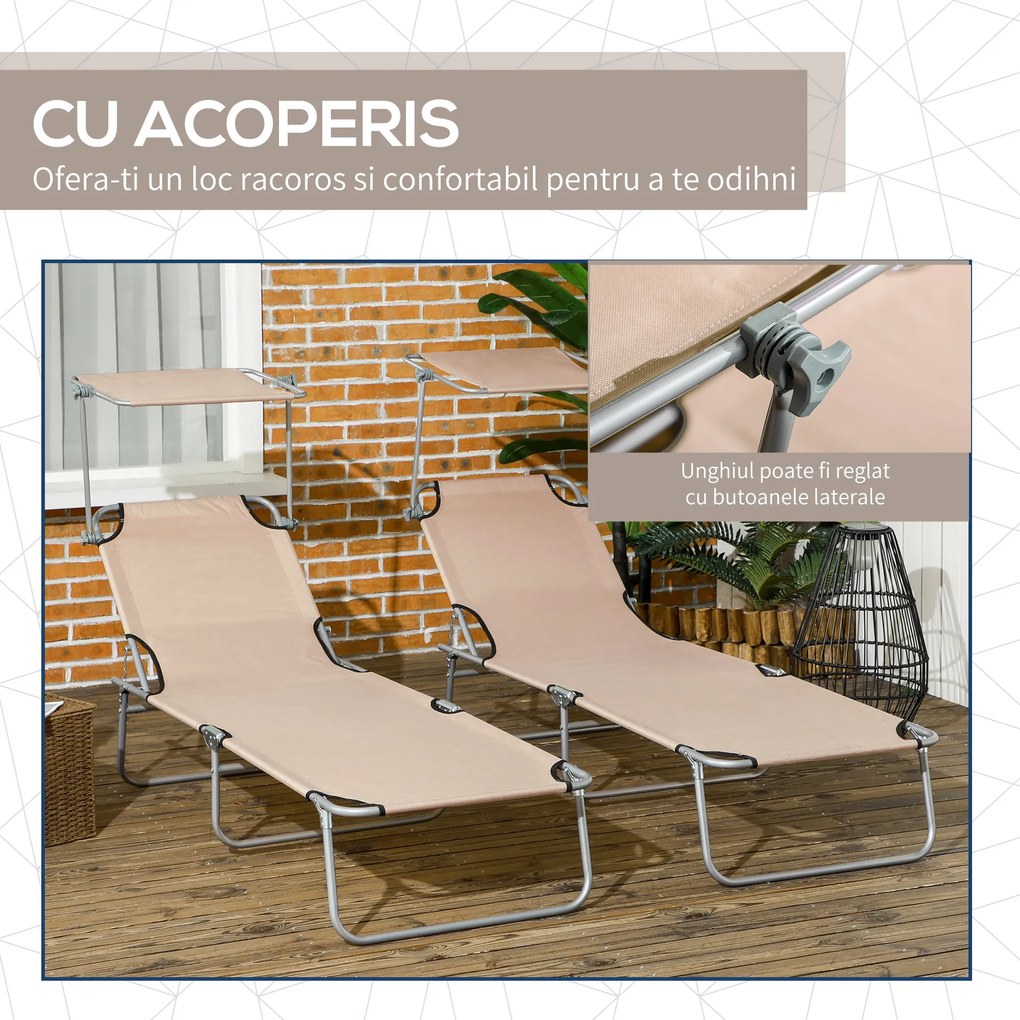 Outsunny Sezlong pentru Gradina cu Baldachin Reglabil, Sezlong pentru Plaja Pliabil Rabatabil pe 4 Niveluri, Bej | Aosom Romania