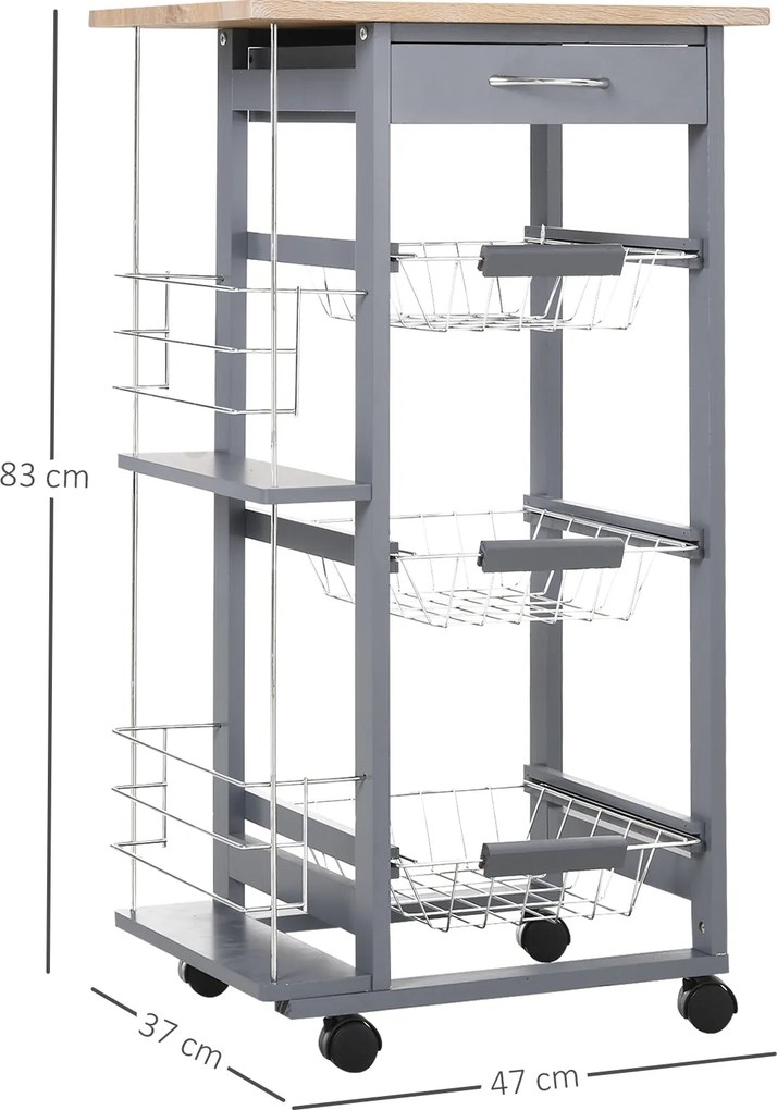 HOMCOM Carucior Bucatarie Multifunctional cu 3 Sertare Detasabile 2 Suporturi Sticle Lemn de Pin Metal 47x37x83cm Stejar Gri | Aosom Romania