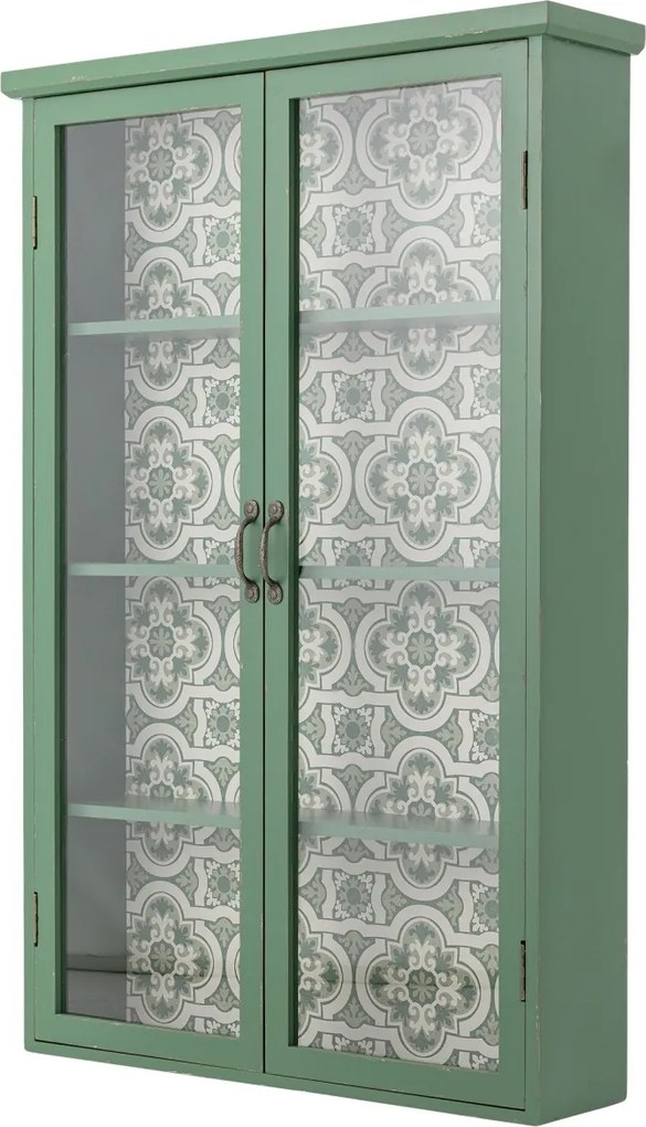 Dulap din lemn masiv verde cu uși vitrate și model floral interior, 81×18×122 cm, „Hazem"