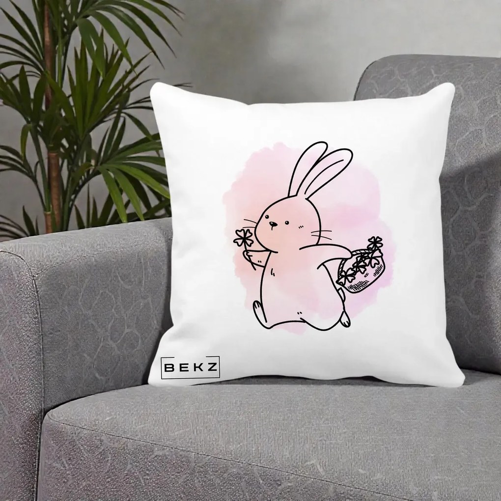 Perna Decorativa Iepuras Kawaii cu Cosulet Floral, 40x40 cm, Alba Mata, Husa Detasabila, Perna Inclusa, BEKZ®