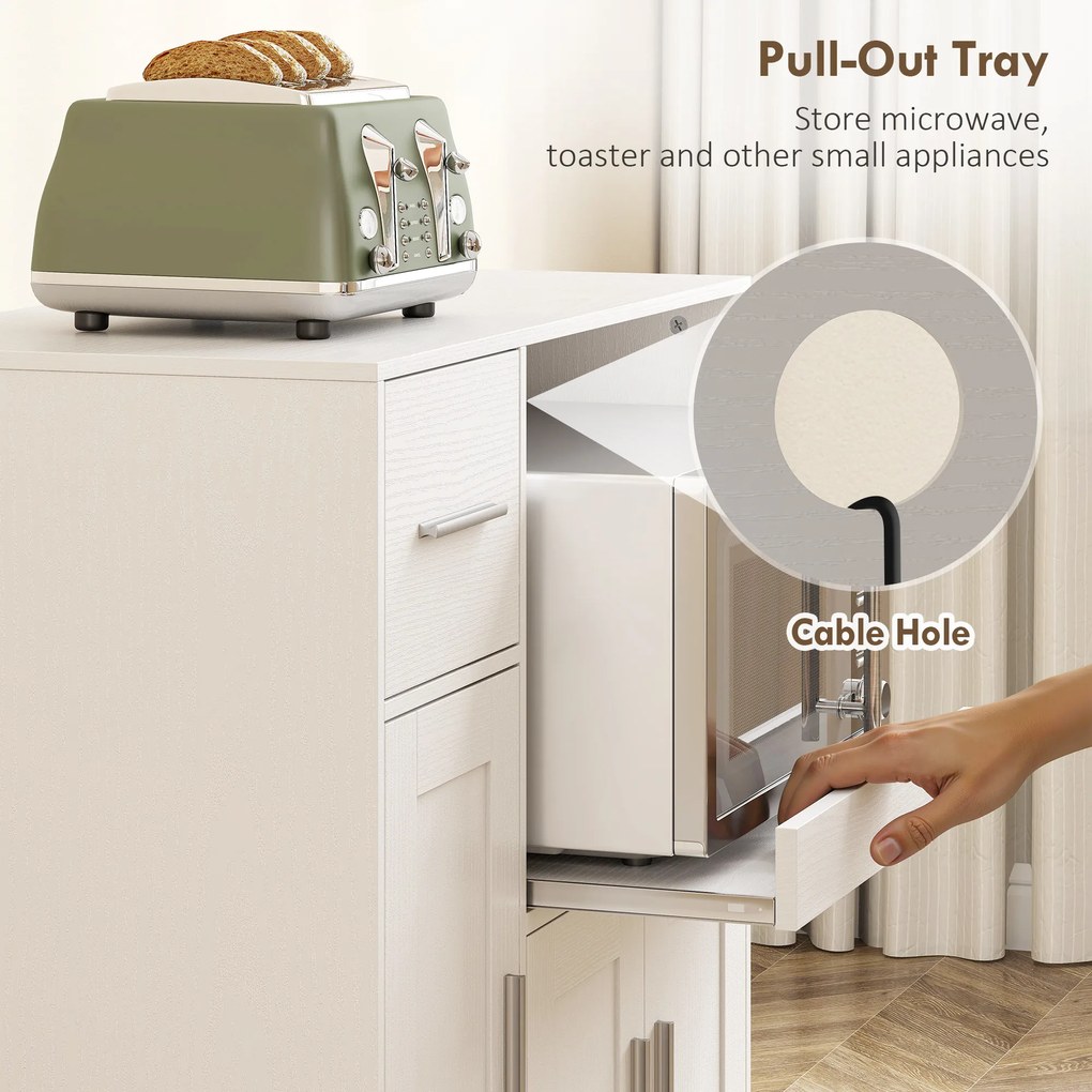 HOMCOM Dulap pentru cuptorul cu microunde din lemn, cu sertar, 2 dulapuri, raft deschis și blat ajustabil, 80x40x88.7 cm, alb | Aosom Romania