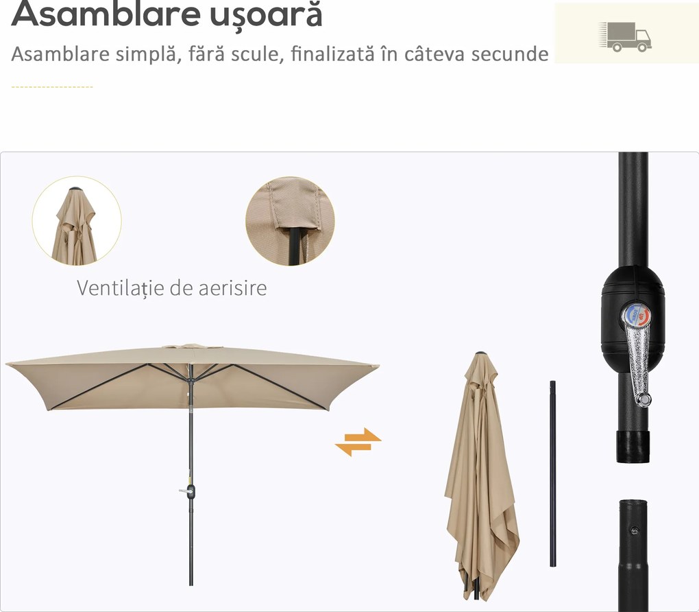 Outsunny Umbrelă de Grădină Înclinabilă cu Manivelă și 6 Spiţe, 2x3 m, Gri Închis | Aosom Romania