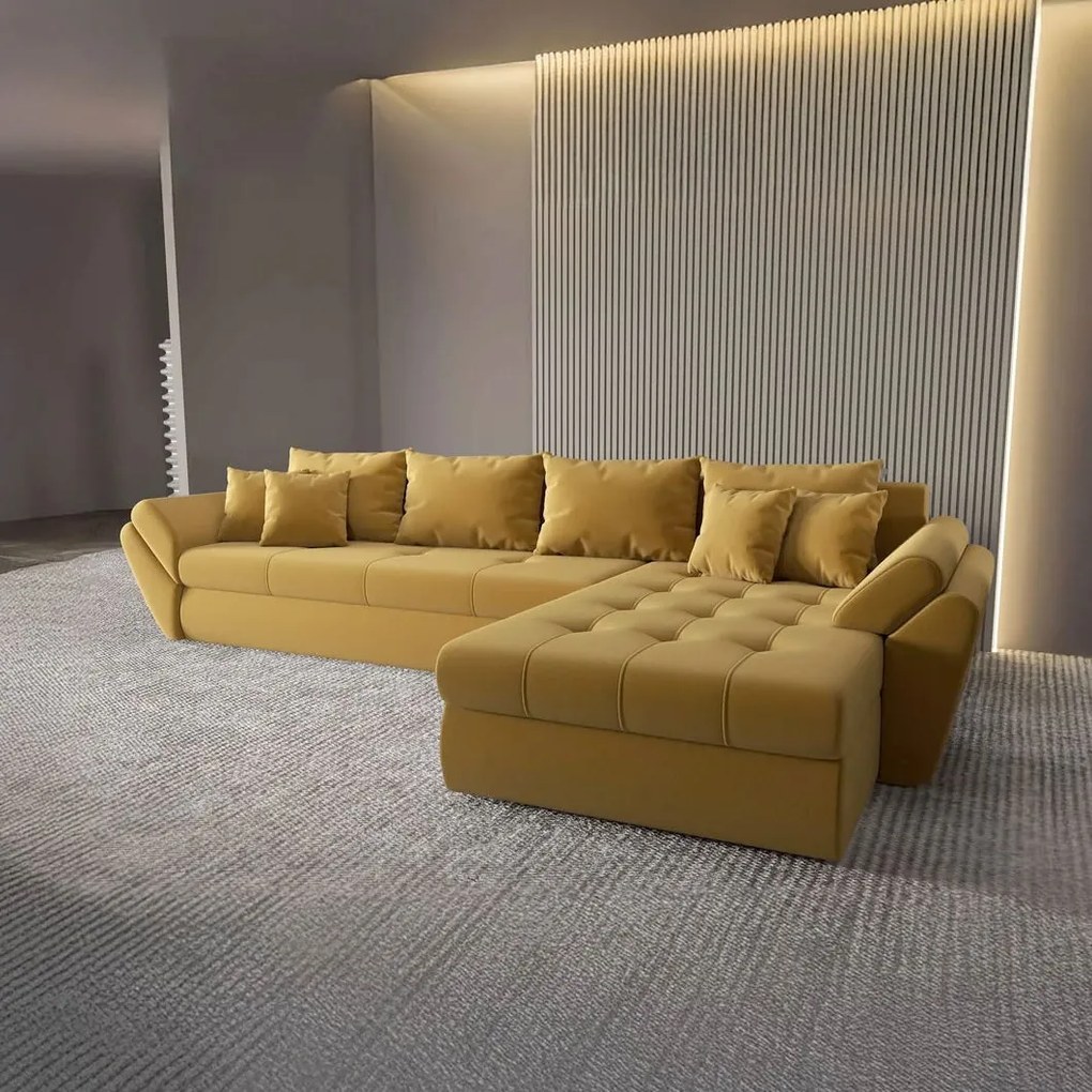 Colțar extensibil dumonde cu ladă de depozitare si sezut confortabil din spuma high-density, Loana XL Royal Mustar II 335x185 cm