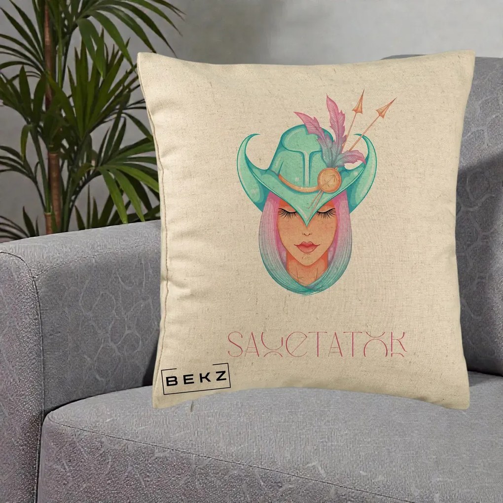 Perna Personalizata Zodiac Sagetator Cowgirl, 40x40 cm, Bej, Husa Detasabila, Perna Inclusa, BEKZ®