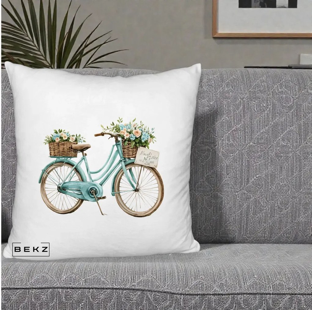 Perna Decorativa Bicicleta Teal cu Cosuri Duble de Flori Vintage, 40x40 cm, Alb Pufos, Husa Detasabila, Perna Inclusa, BEKZ®