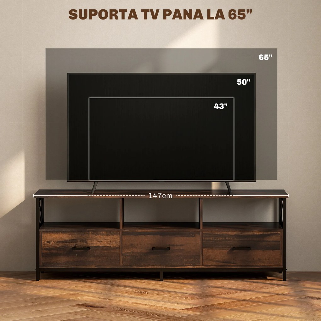 HOMCOM Dulap TV 65" în Stil Industrial cu 3 Sertare și 3 Rafturi Deschise, Dulap TV din Lemn, 147x40x50 cm, Negru | Aosom Romania