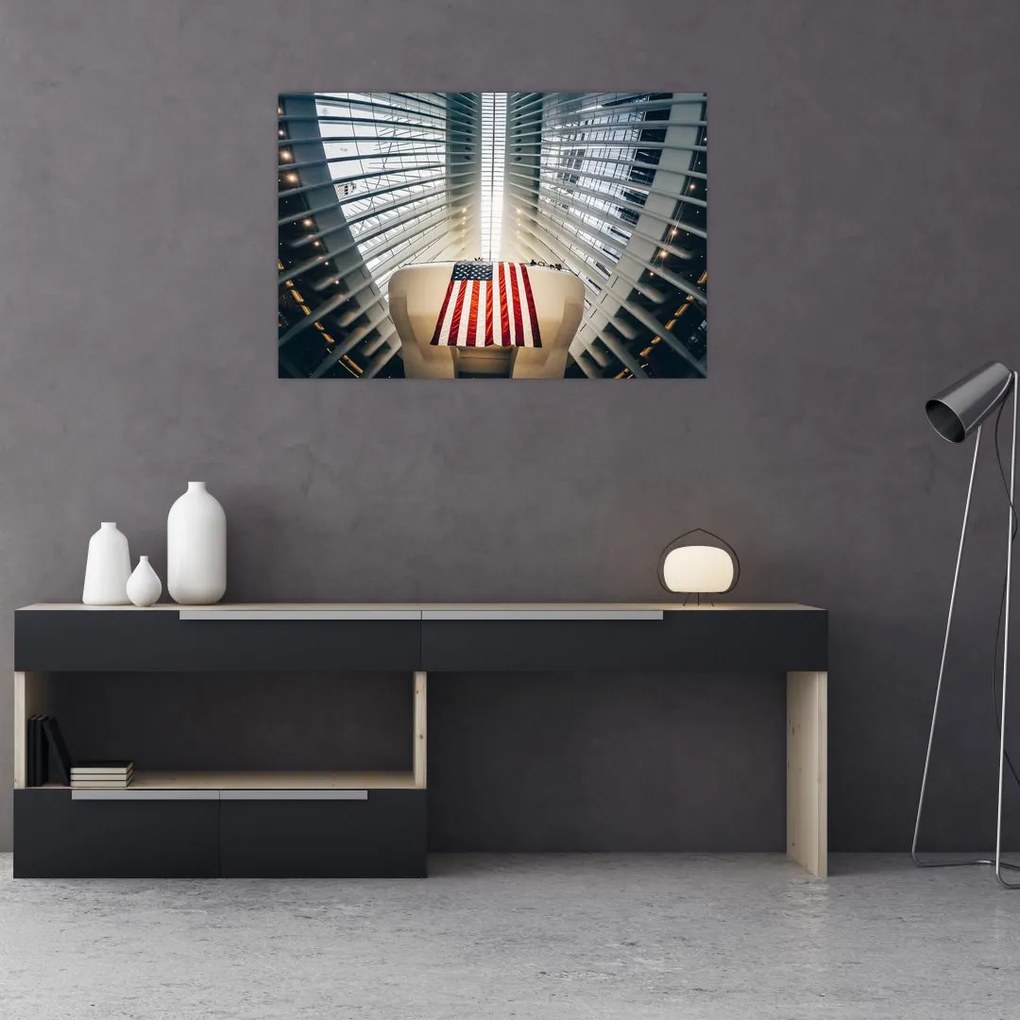 Tablou unei construcții cu steagul SUA (90x60 cm)