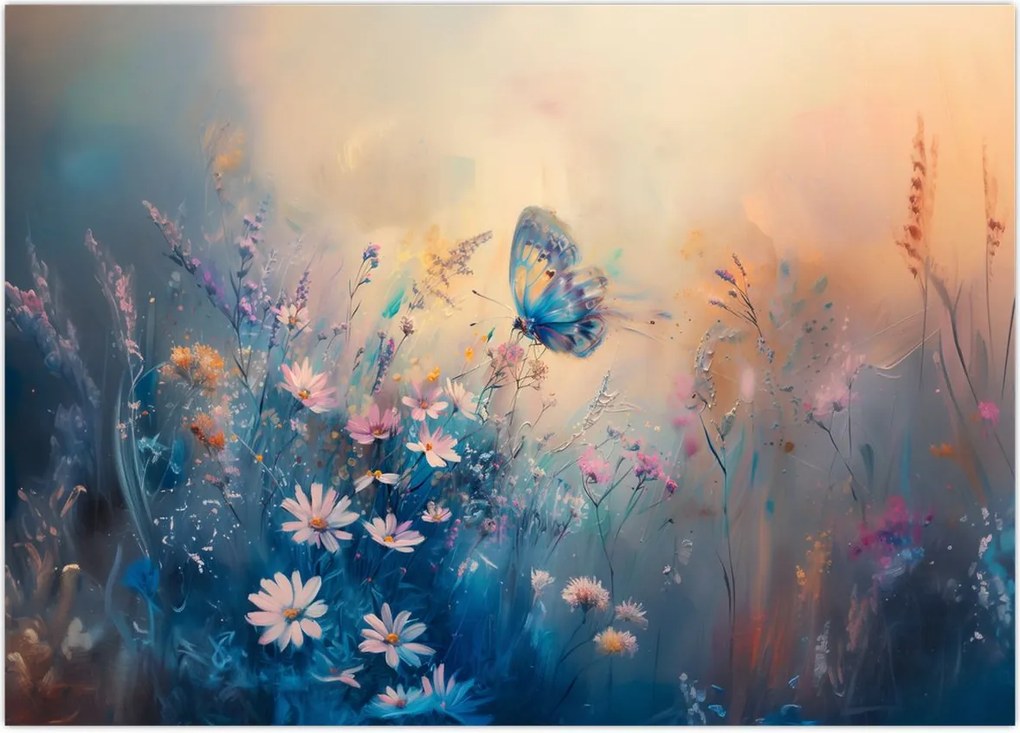 Tablou pe sticlă - Pajiște cu Fluture (70x50 cm)