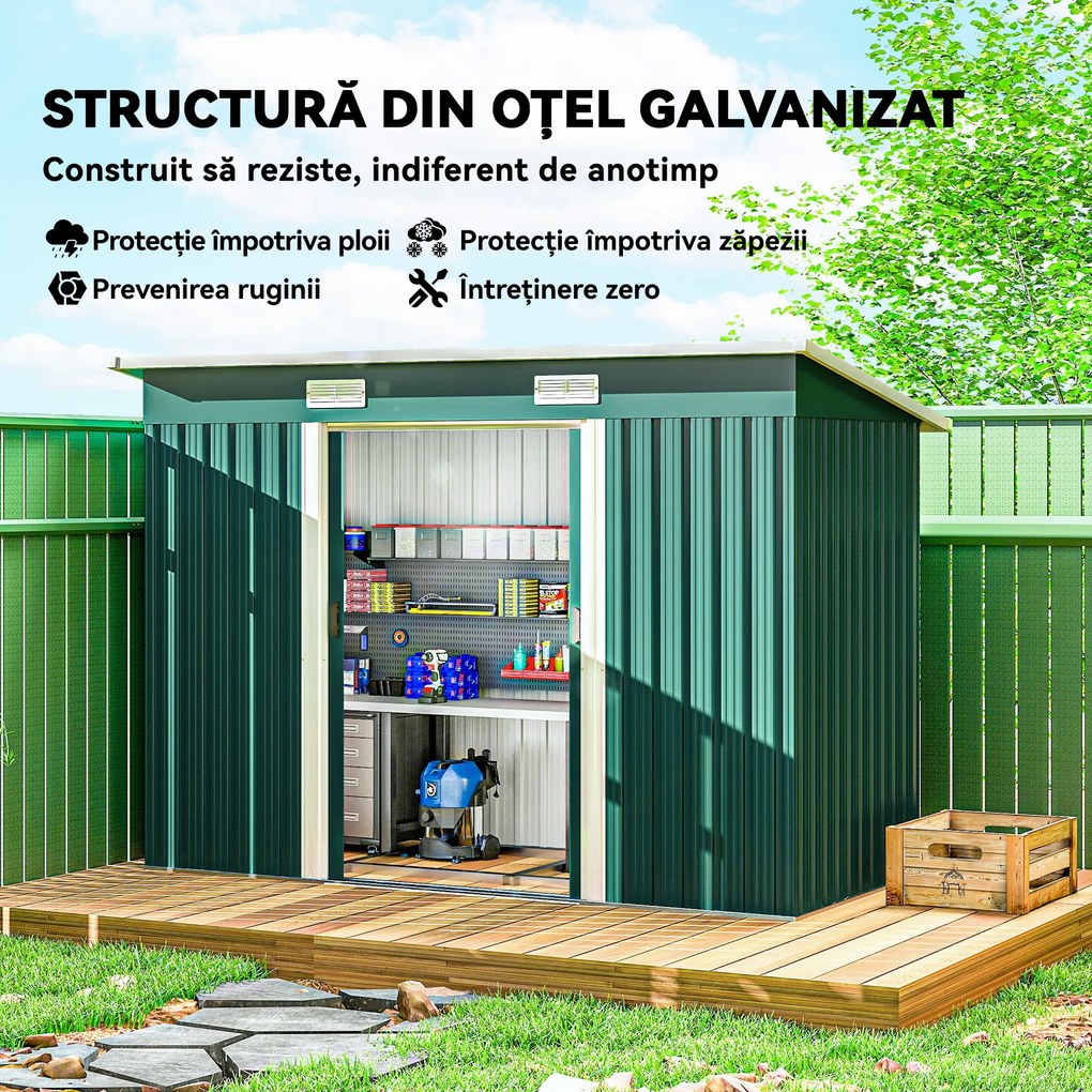 Outsunny Căsuță de Grădină 3,18m² din Oțel Zincat cu 2 Guri de Aerisire, Depozit pentru Unelte cu Uși Duble Culisante, Acoperiș Înclinat, 272x134x182 cm, Verde Întunecat | Aosom Romania
