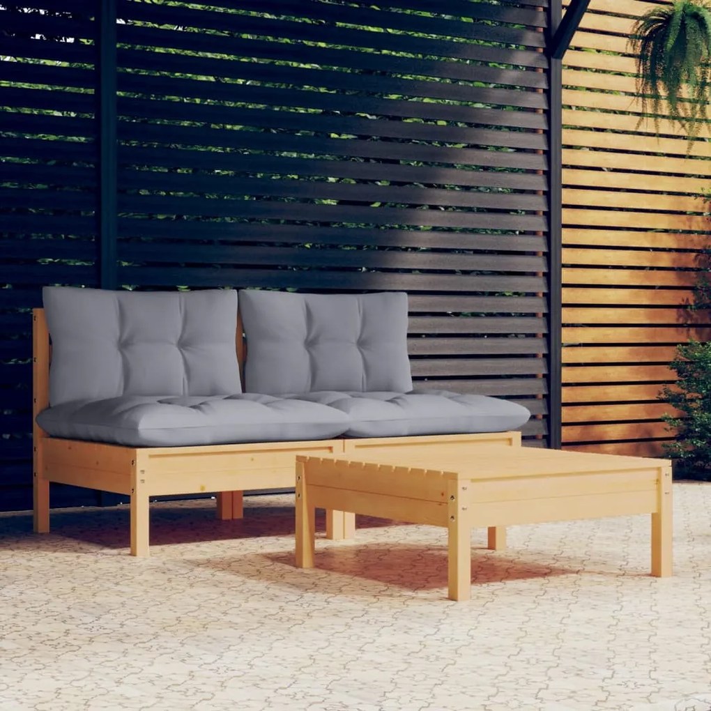 vidaXL Set mobilier de grădină cu perne gri, 3 piese, lemn de pin