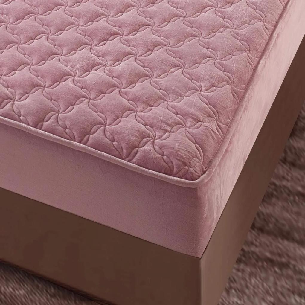 Husa de pat matlasata si 2 fete de perne din catifea, cu elastic, model tip topper, pentru saltea 140x200 cm, roz, HTC-25