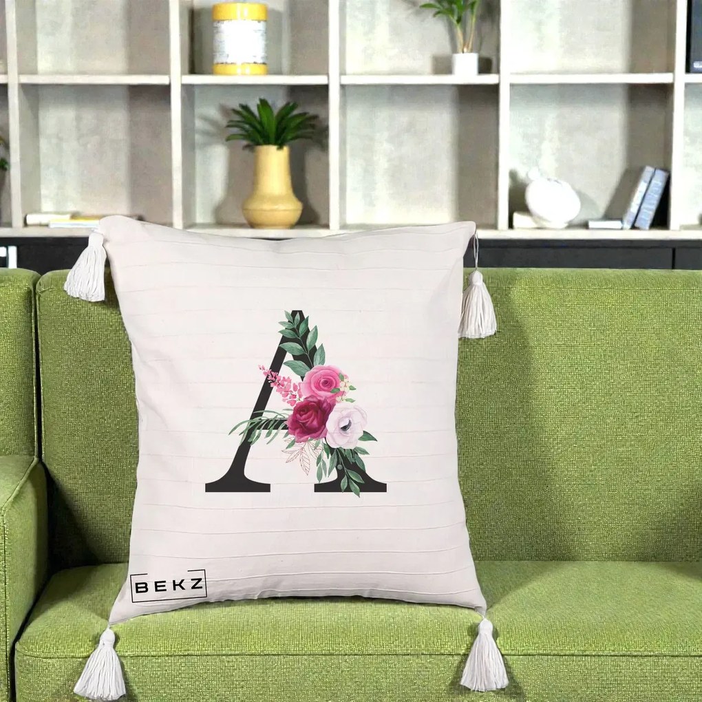 Cadou Personalizat - Perna Personalizata Monograma Florala Litera A, 40x40 cm, Bej cu Franjuri, Husa Detasabila, Perna Inclusa, BEKZ®