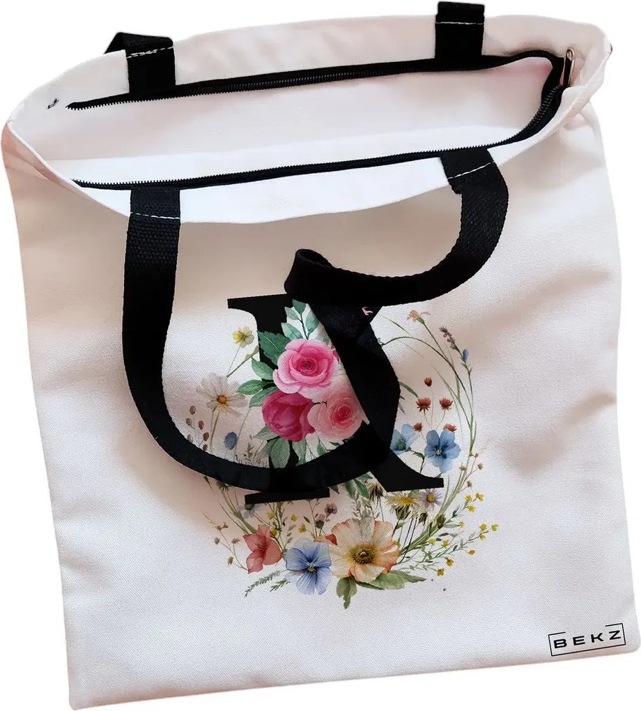 Sacosa de Panza pentru Cumparaturi, Geanta Tote, Cu litera K in Coronita Florala, Cu fermoar, 38x34.5 cm, Alba, BEKZ®