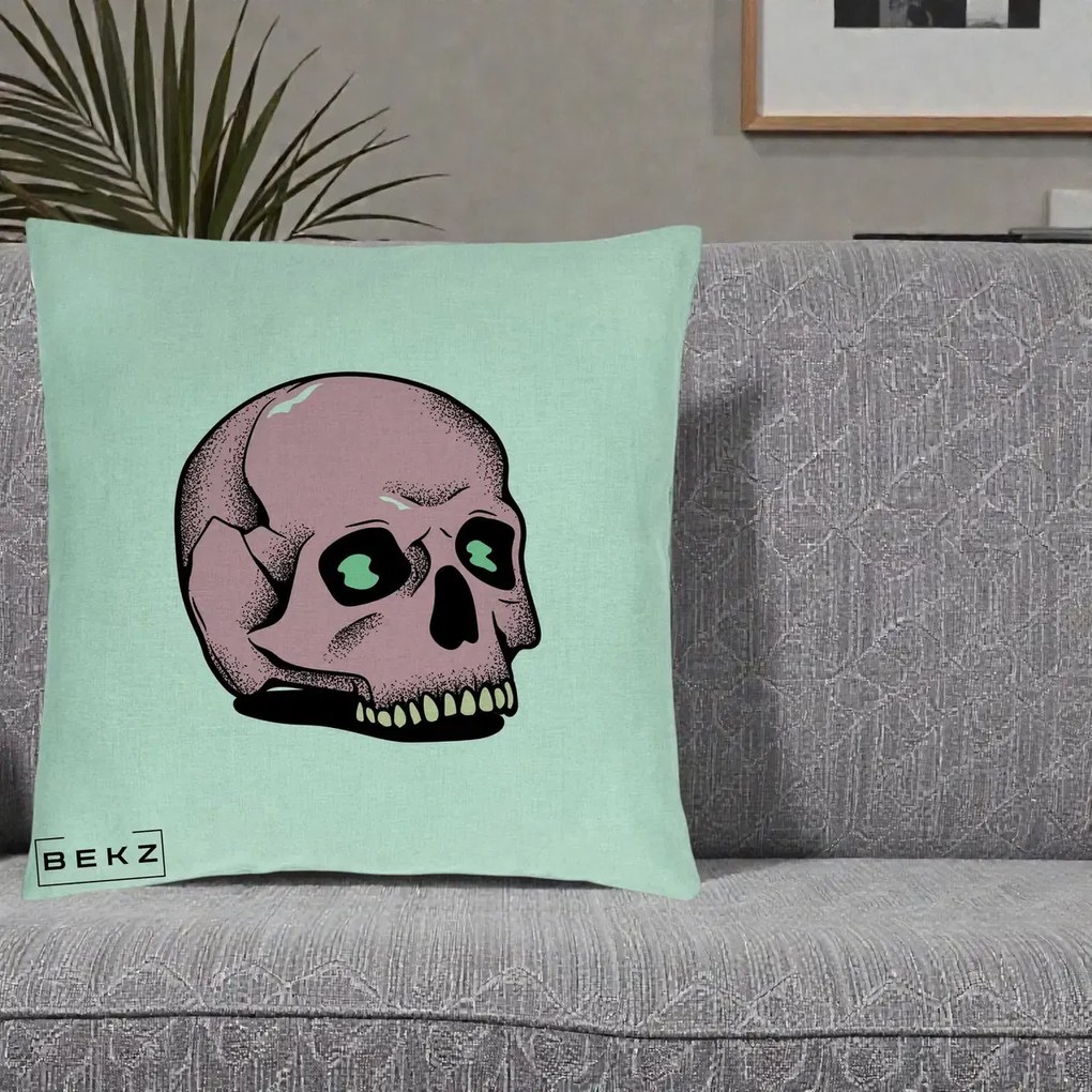 Perna Decorativa Craniu Roz Tatoo Art Halloween, 40x40 cm, Verde Menta, Husa Detasabila, Perna Inclusa, BEKZ®