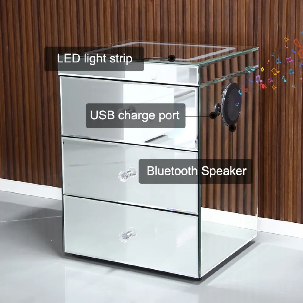 Noptieră inteligentă multifuncțională, din sticla tip oglindă, 3 sertare, LED-uri tactile, 3 tipuri de culoare, încărcare fără fir si USB, Difuzor Bluetooth, sticla securizata, 40x40x60 cm