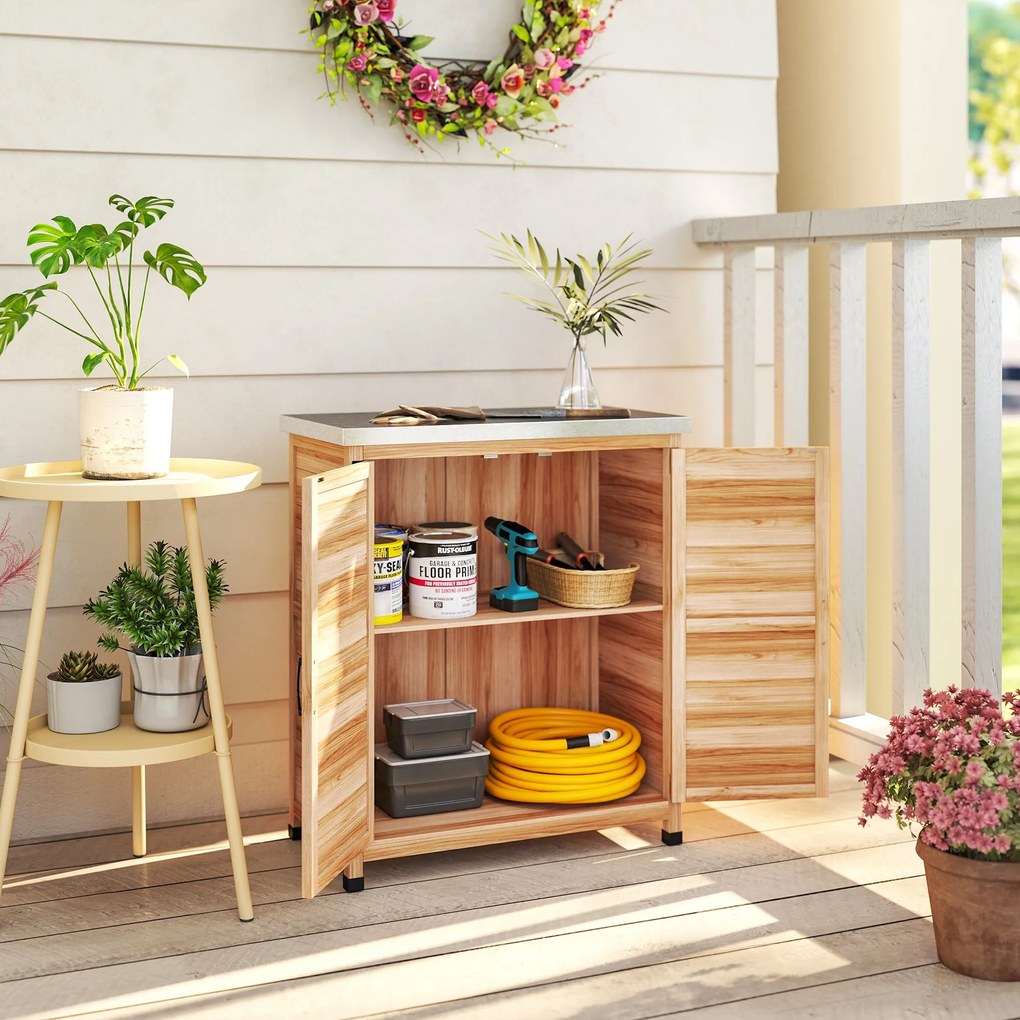 Outsunny Dulap de Exterior cu Raft și Bancă de Lucru Superioară, 79x43x92 cm, Lemn Natural | Aosom Romania