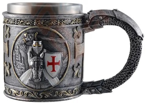 Halba medievala Cavaler Cruciat pe cal cu scut alb cu rosu 16 cm, capacitate 350 ml