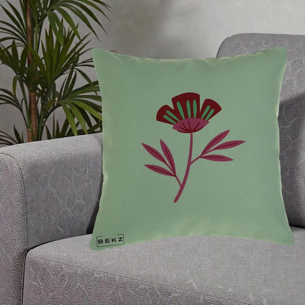 Perna Decorativa Floare Macul Roz-Rosu Grafic, 40x40 cm, Verde, Husa Detasabila, Perna Inclusa, BEKZ®