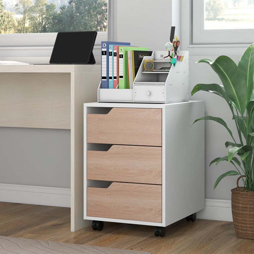 Comoda din MDF cu 3 Sertare si 4 roti cu rotatie de 360 ° (2 cu frane), pentru Birou sau Studio Alba si Lemn 31x37x7.2cm HOMCOM | Aosom Romania