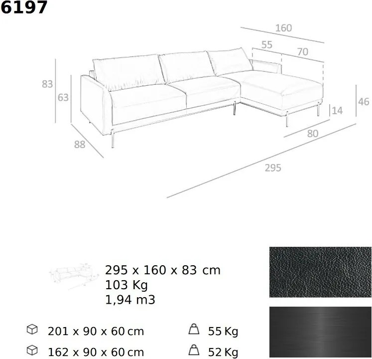 Coltar LUX 5 locuri design italian cu sezlong dreapta Cowhide black