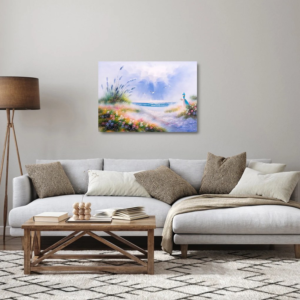 Tablou pe sticlă - Plaja romantică, pictură în ulei (70x50 cm)