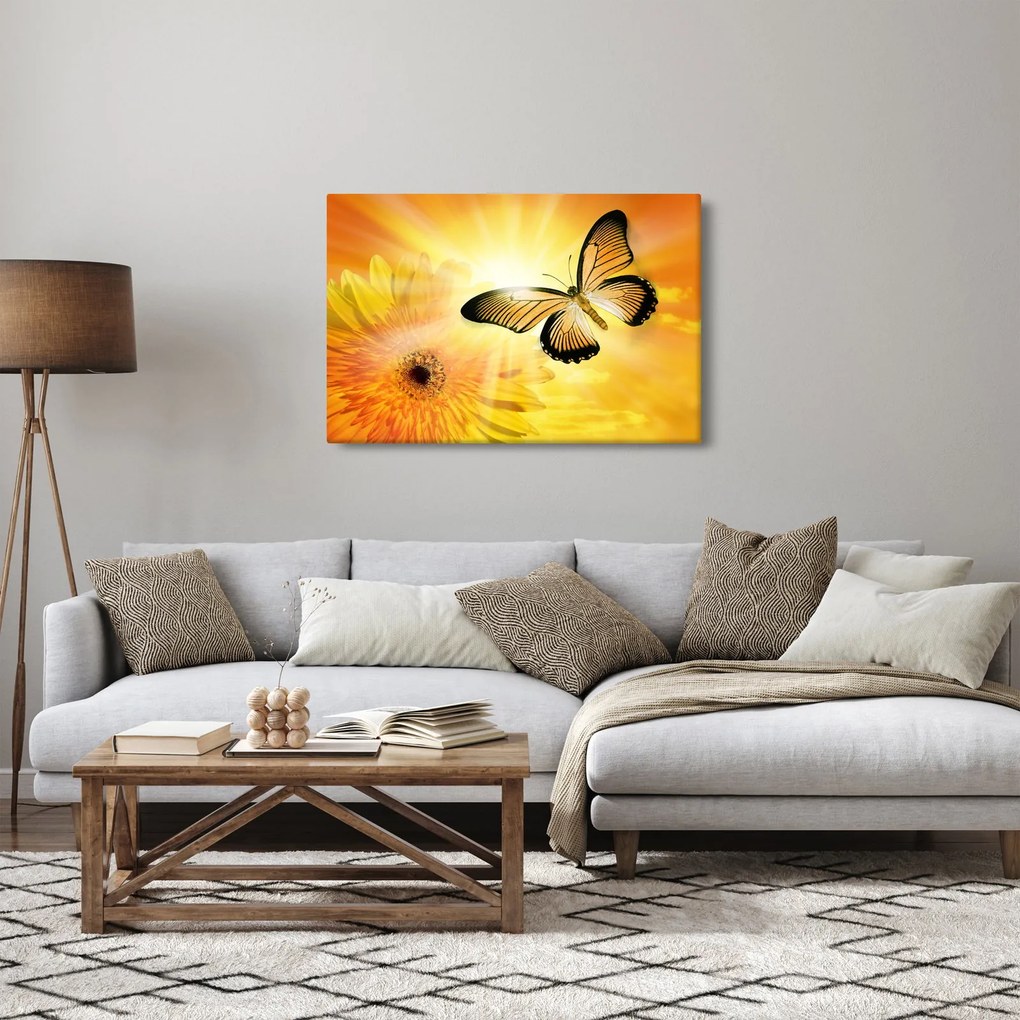 Tablou - Fluture galben cu flori (90x60 cm)