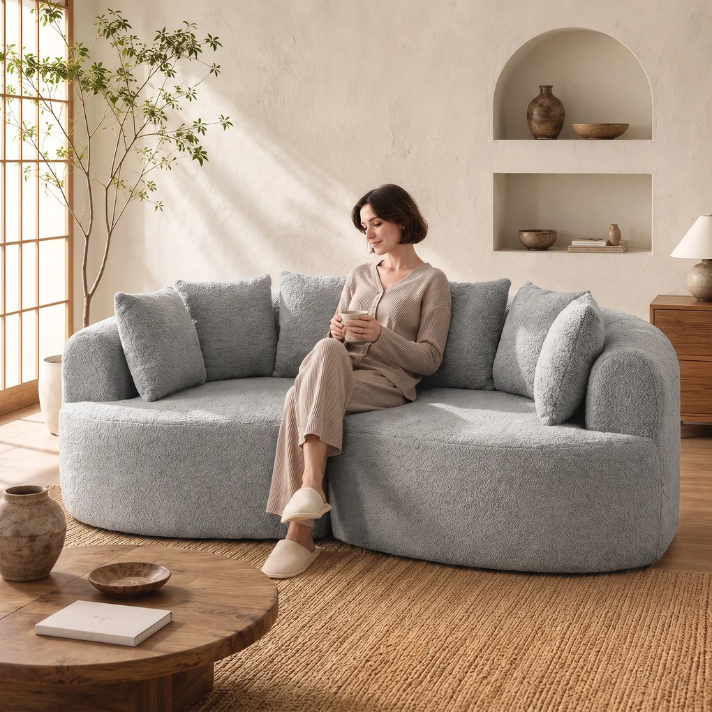 HOMCOM Canapea 3 locuri fără cadru, cu șezut amplu, 6 perne, design curbat, din chenille, gri deschis | Aosom Romania