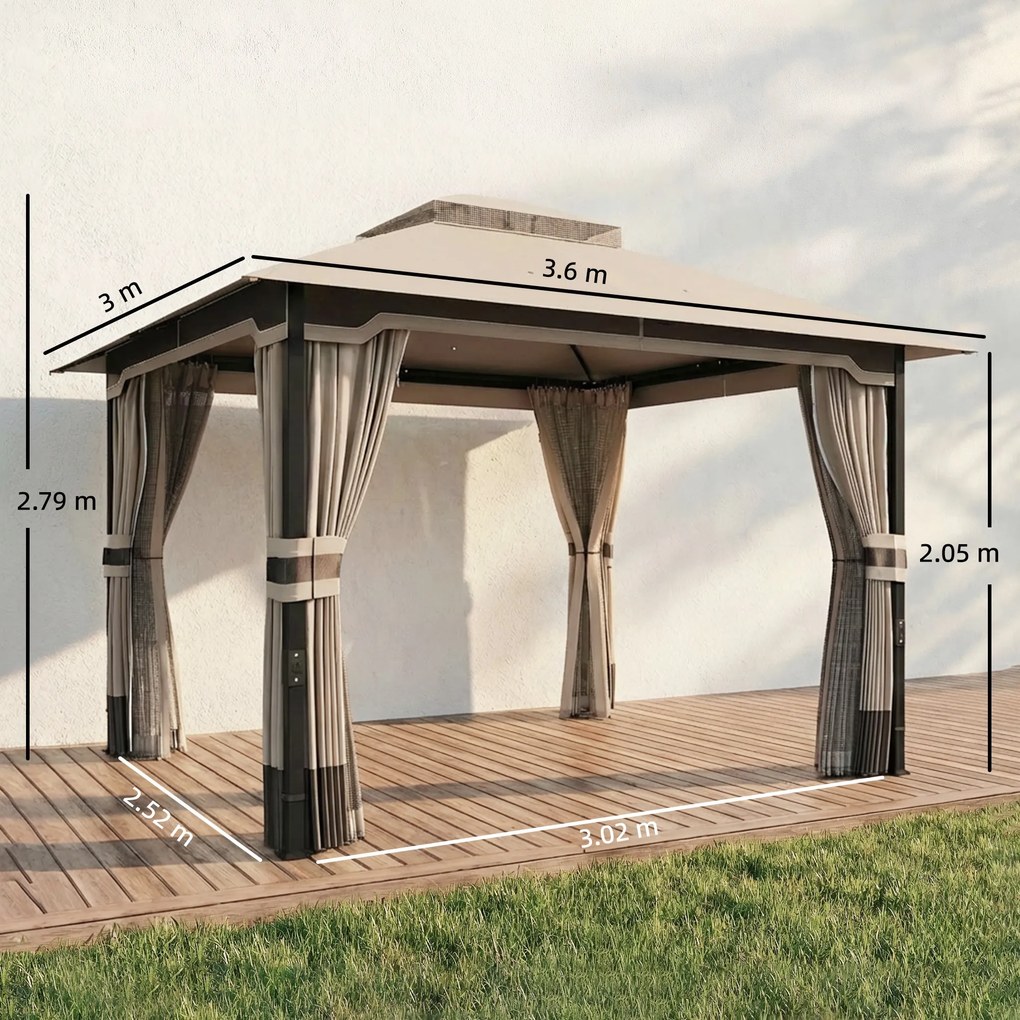 Outsunny Pavilion 3,6x3 m rezistent la apă Stabil rezistent la iarnă pavilion de grădină cu acoperiș dublu plasă anti-țânțari părți laterale orificii de scurgere | Aosom Romania