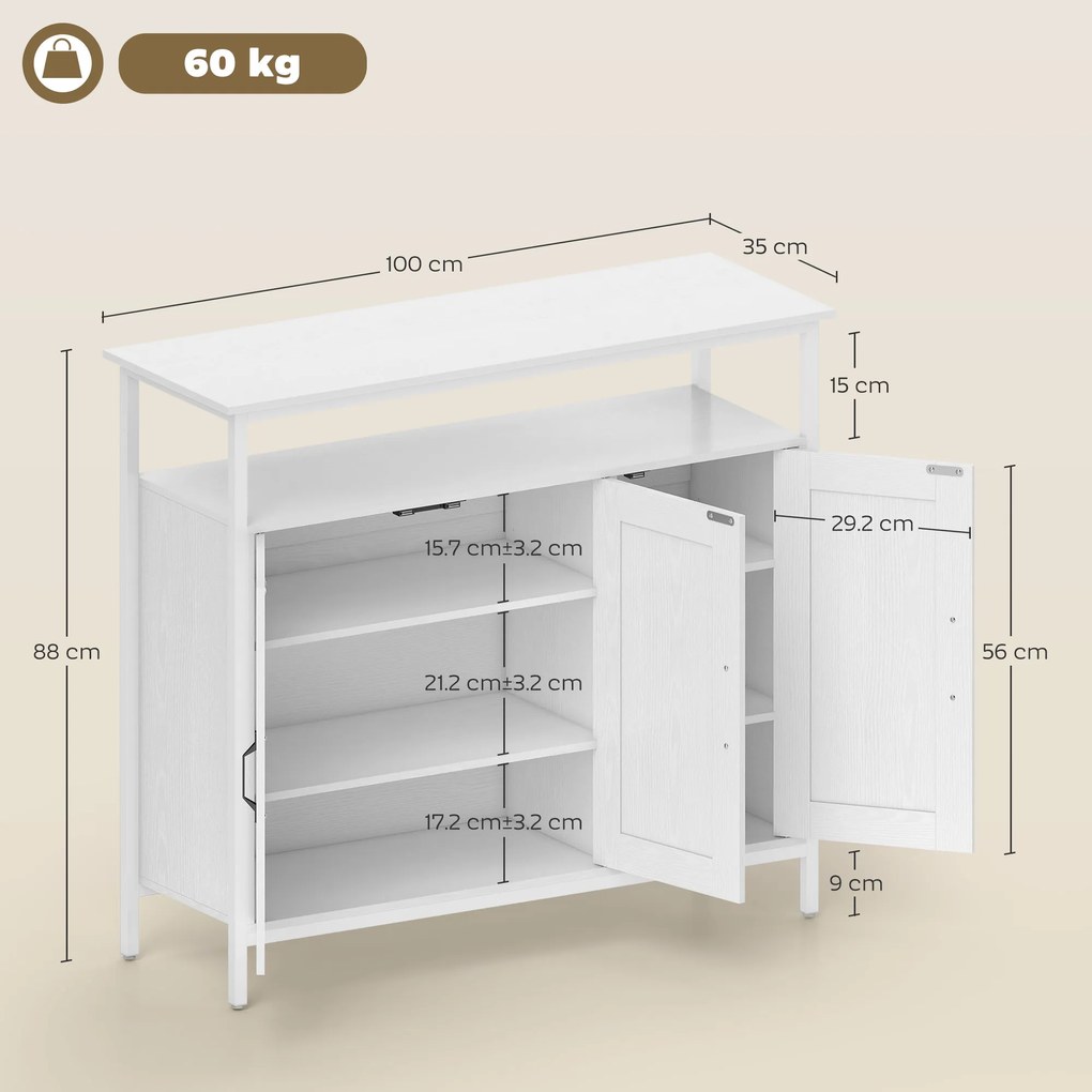 HOMCOM Bufet de Bucătărie cu Raft Deschis și 2 Dulapuri, Mobilier de Bucătărie cu Rafturi Ajustabile din Lemn, Bufet pentru Hol, Sufragerie și Sala de Mese, 100x35x88 cm, Alb | Aosom Romania