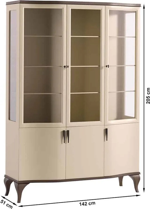 Vitrină lemn masiv nuc cu trei usi Leona Crem-, 142 × 51 × 205 cm