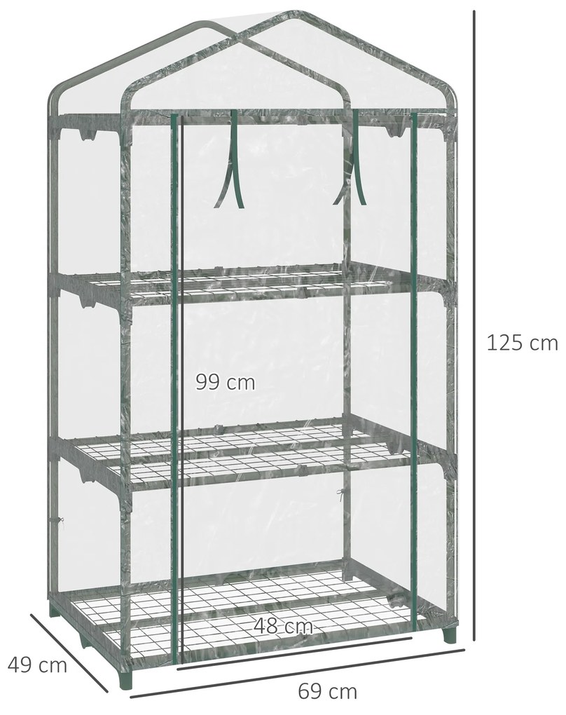 Outsunny Mini-Seră Portabilă cu Înveliș Plastic și Cadru Metalic, 3 Rafturi, Ușă cu Fermoar, 69x49x125 cm, Transparent | Aosom Romania