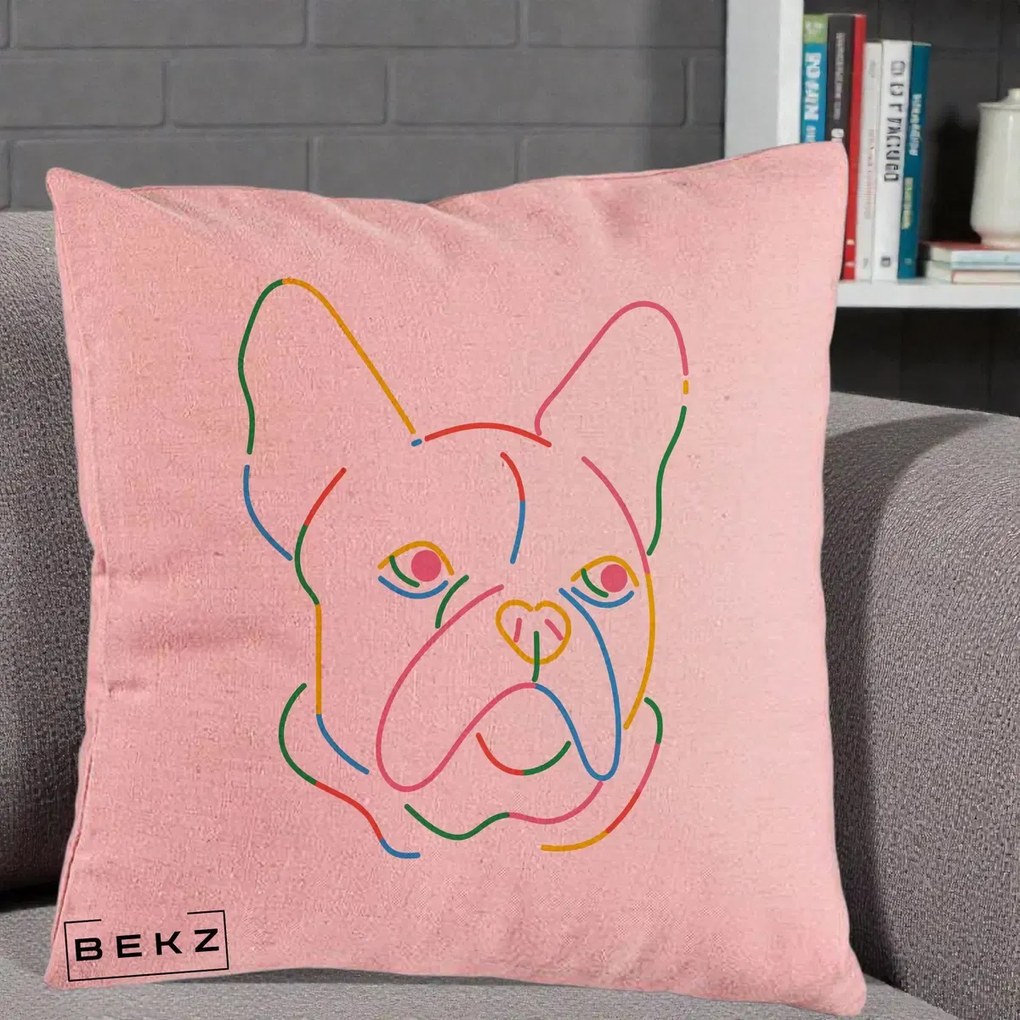 Perna Decorativa Bulldog Francez Line Art Curcubeu, 40x40 cm, Roz, Husa Detasabila, Perna Inclusa, BEKZ®