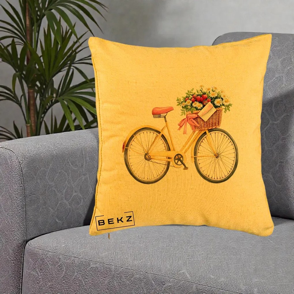 Perna Decorativa Bicicleta Galbena cu Cos de Flori Primavara, 40x40 cm, Galben, Husa Detasabila, Perna Inclusa, BEKZ®