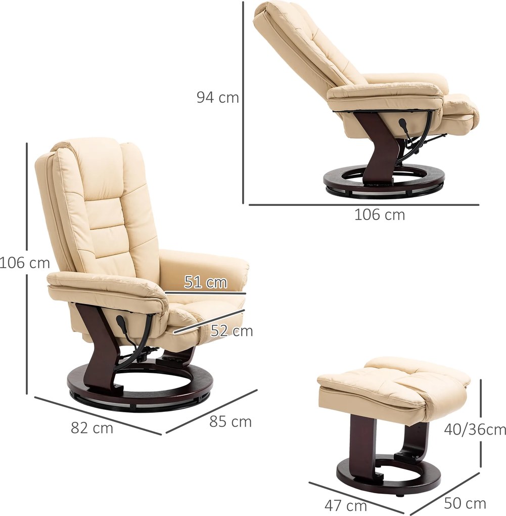 HOMCOM Set Fotoliu și Pouf pentru Picioare, Rotativ la 360° și Reclinabil cu Suport pentru Cap și Brate, 85x106x94cm, Bej | Aosom Romania
