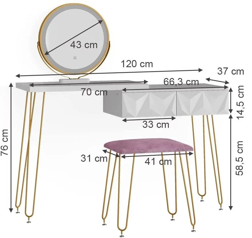 SEA391 - Set Masa toaleta, 120 cm, cosmetica machiaj, oglinda cu LED, masuta vanity, scaun tapitat - Alb-Auriu