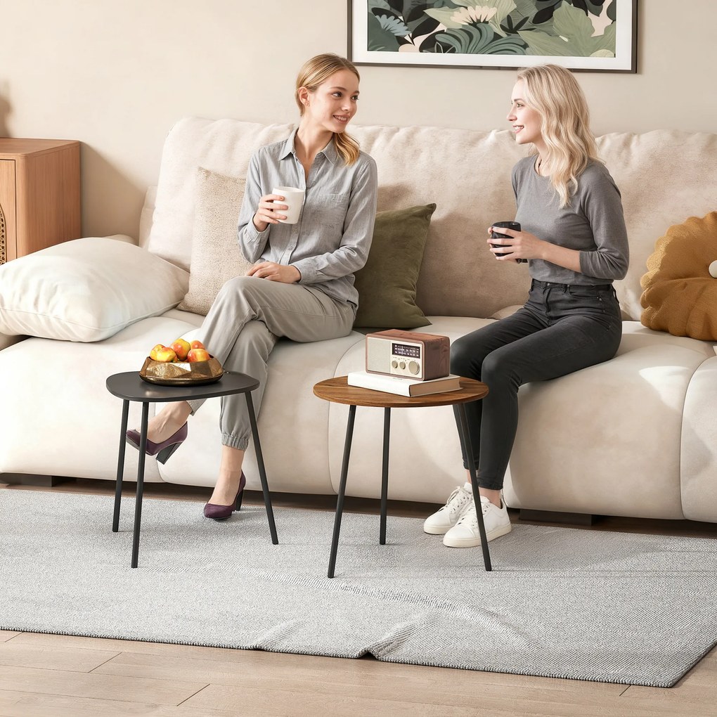 HOMCOM Set 2 Măsuțe de Cafe Suprapunibile cu Cadru din Metal Nuc și Negru | Aosom Romania