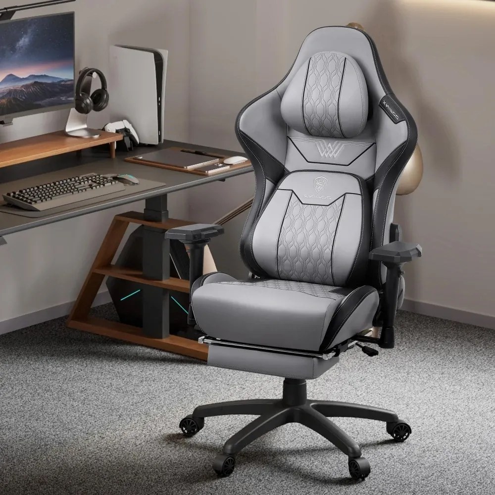 RESIGILAT- DOWINX Scaun gaming, ergonomic, spătar înalt, tetiera confortabilă, suport lombar, cotiere 4D, suport picioare, rezistent 150 kg, piele PU, Gri