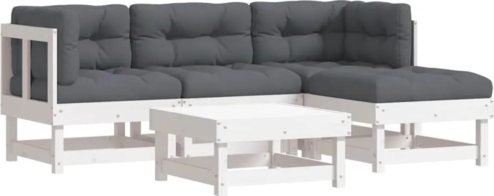 vidaXL Set mobilier de grădină cu perne, 5 piese, alb, lemn masiv