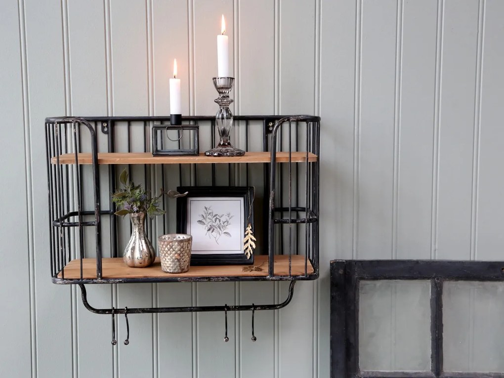 Etajeră de perete vintage, din metal, cu 5 agățători, finisaj negru antichizat, Old Shelf