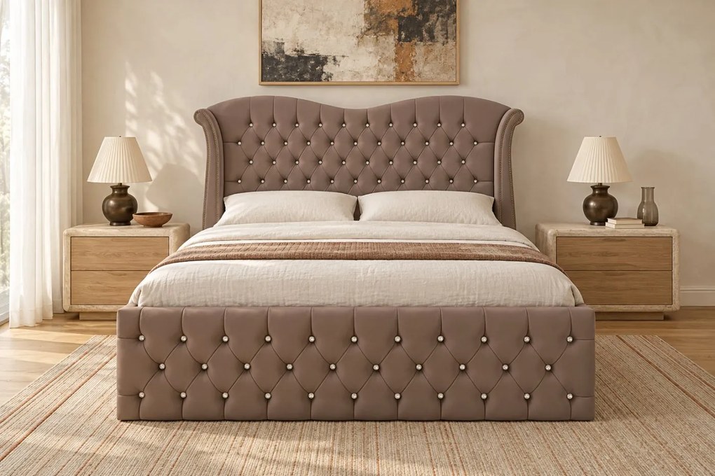Pat tapițat Chesterfield Avella 180×200 cm, cappuccino, cu ladă de depozitare