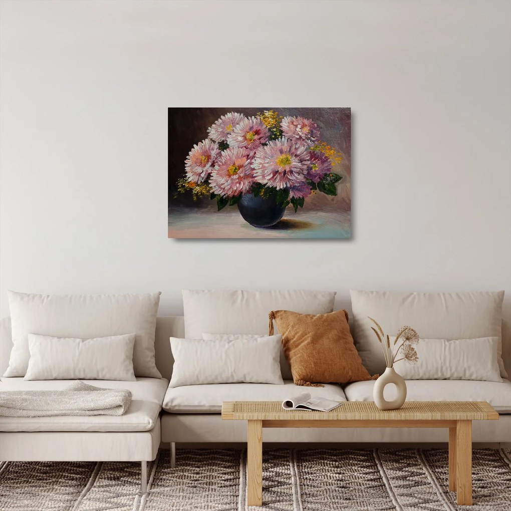 Tablou pe sticlă - Pictură în ulei, flori în vază (70x50 cm)